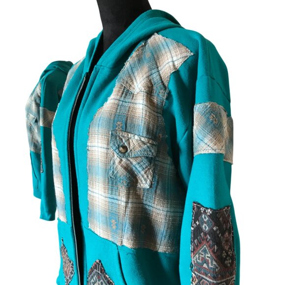 Upcycled Patchwork Jacket, Size L: Teal Tribal Zip-Up Hoodie, Southwest Aztec - Picture 10 of 16